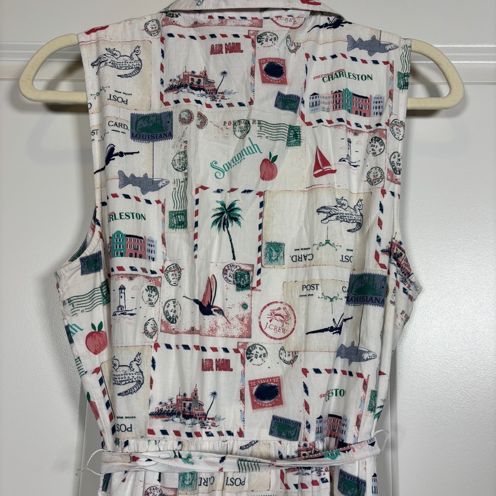J.Crew Womens Midi Shirt Dress White Postcard Print Collared Tie-Waist Pocket 10 - Picture 3 of 10
